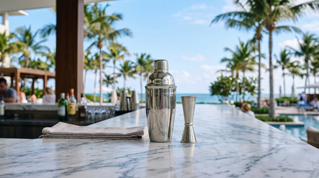 Cocktail shaker and jigger on bar counter with tropical resort backdrop
