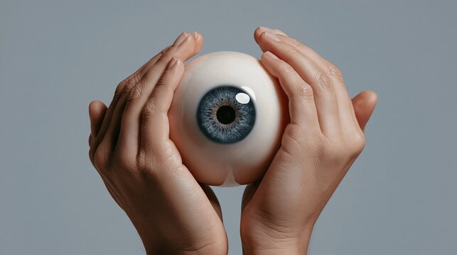 Hands holding oversized eyeball with blue iris on gray background. Close-up of hands cradling large eye model. Vision and eye care concept. Observation and surveillance symbolism.