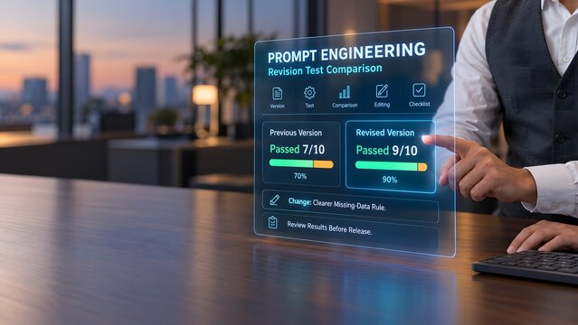 Ai prompt engineering interface displayed on transparent screen with hand interaction