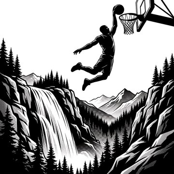 Basketball player dunking over mountain waterfall on white background