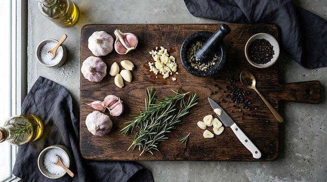 Cooking ingredients on a rustic wooden board with garlic, rosemary, and olive oil