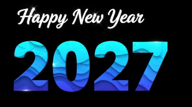 Typography reads happy new year above blue layered numbers representing the upcoming year twenty twenty.