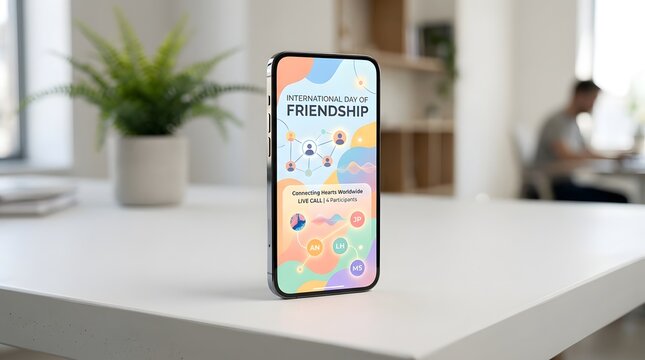 Modern smartphone standing on white office desk with phone screen open to live video call celebrating International Day of Friendship concept for global connection
