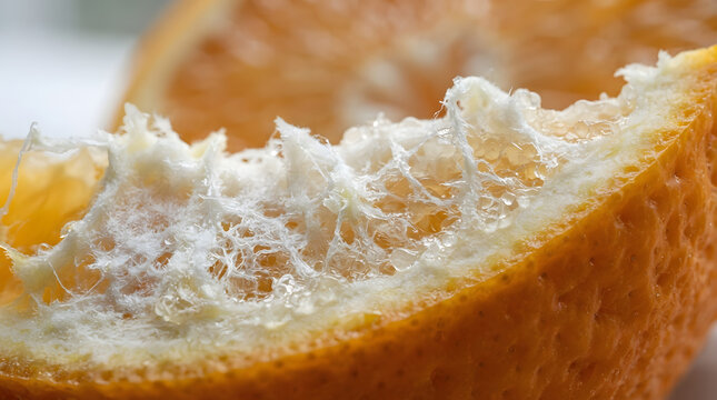 Citrus Pith Close-Up, Detailed Texture of Orange Peel, Macro Photography Showcasing Vibrant Color and Fibrous Structure