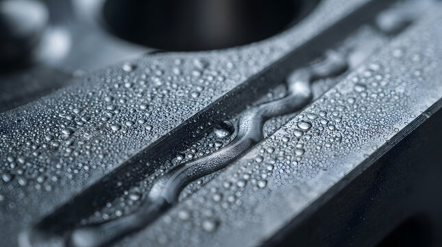 Condensation Beads on Metal Surface, Macro Shot Showcasing Water Droplets and Industrial Texture Featuring Close-Up, Abstract