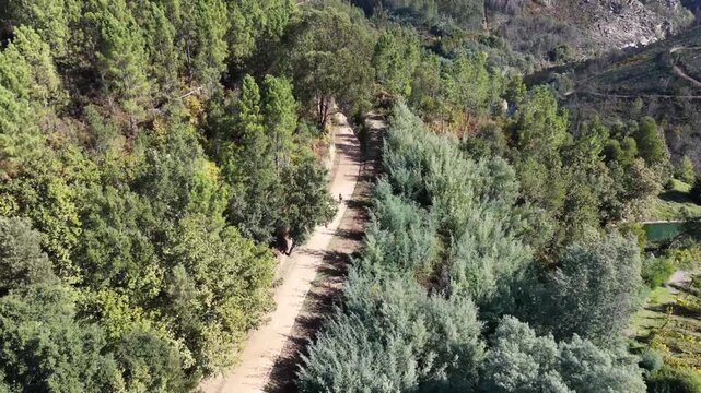 Aerial view of two cyclists riding on a bike path.