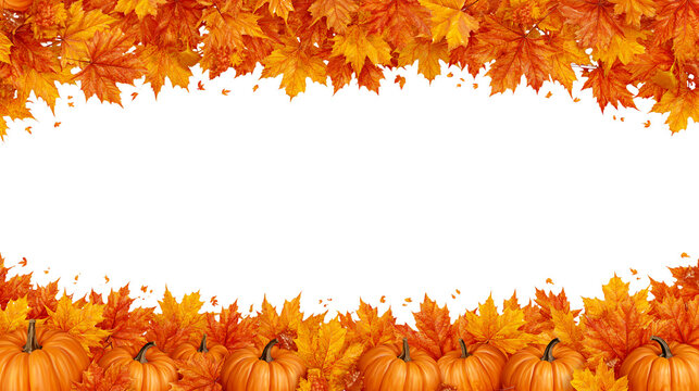 Autumn frame border of orange maple leaves and pumpkins isolated on transparent background with copy space in center. Fall season PNG, Thanksgiving, harvest, October and seasonal greeting design