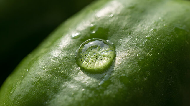 Green Pepper with a Single Raindrop, Macro Photography Showcasing Freshness and Natural Hydration. Food Photography, Close-Up, Vibrant Green Color.