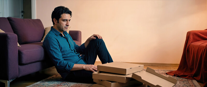 Exhausted man sitting on floor in living room surrounded by empty pizza delivery boxes. Depressed male adult feeling overwhelmed and isolated. Mental health and binge eating disorder concept