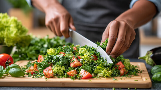 Hands chop fresh green salad with tomatoes and herbs on wooden cutting board. Healthy vegan cooking, vegetable preparation, raw diet, kitchen work, nutrition and homemade vegetarian meal concept
