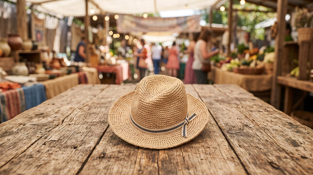 Straw hat resting on rustic wooden table at outdoor market stall