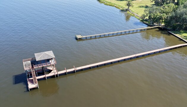 Aerial view of Central Park at RiversEdge featuring a wooden pier with a covered pavilion extending into the St. Johns River in Jacksonville, Florida, United States.