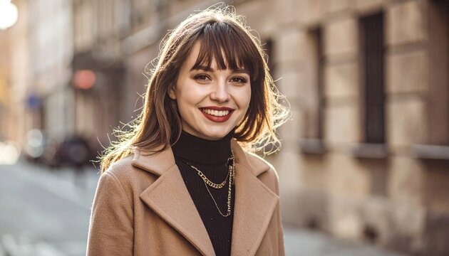 Stylish young woman in coat smiling outdoors, urban fashion
