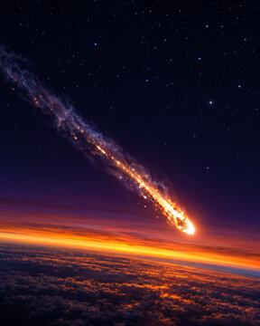 Incandescent meteor burning through Earth atmosphere at sunset