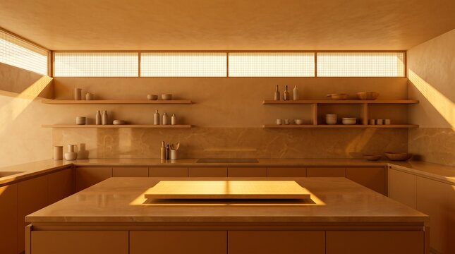 Amber minimalist kitchen with a solar glass clerestory and a slab of golden light floating above the island