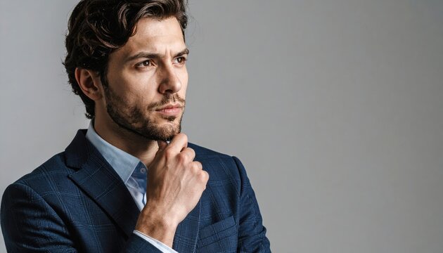 Thoughtful businessman touching chin while considering a decision
