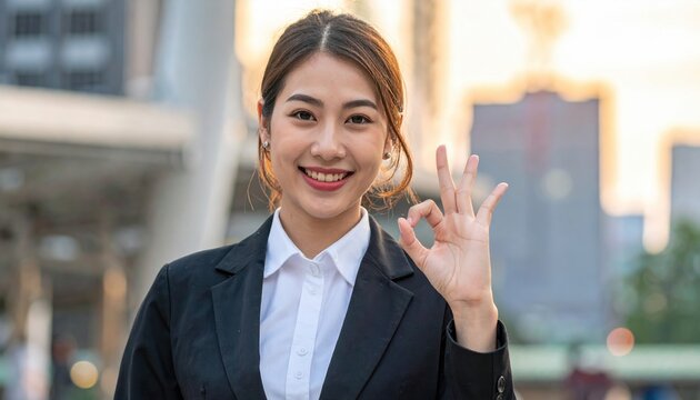Businesswoman making OK gesture during successful workday