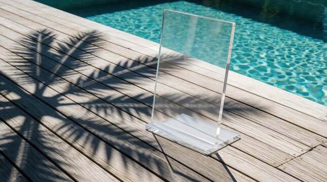 Empty transparent acrylic stand on wooden deck by swimming pool. Clear plastic sign holder stands under palm tree shadows. Perfect blank template for menu, product display advertising at luxury