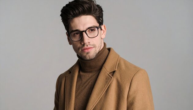 Young man wearing coat and glasses preparing for short trip