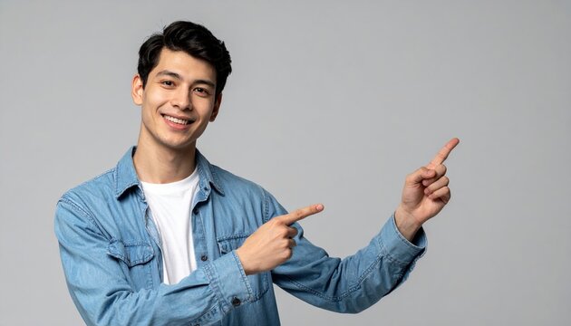 Young man pointing sideways while smiling toward camera, studio portrait
