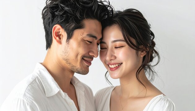 Happy young couple bonding affectionately against clean white background