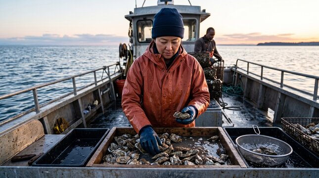 Oyster sorter grades shellfish on sunrise workboat deck