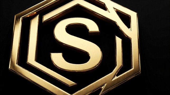 Elegant gold letter Logo inside geometric hexagon frame. Shiny metallic alphabet monogram on black background. Luxury premium design element for corporate identity, finance brand, high end business