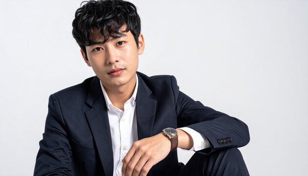 Elegant handsome man sitting comfortably against white background
