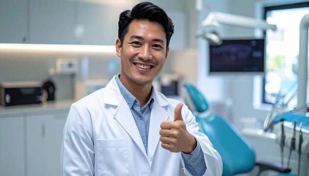Cheerful dentist giving thumbs up in modern dental office