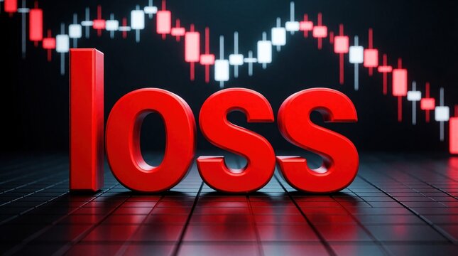Red text word loss stands on dark financial grid. Downward stock market candlestick chart background shows economic crash. Falling red arrows, bearish trading graph represent capital failure,
