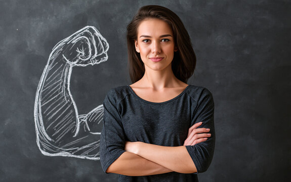 A woman stands with her arms crossed. Behind her is a drawing of a tensed bicep on a chalkboard, symbolizing inner strength and confidence. She embodies determination