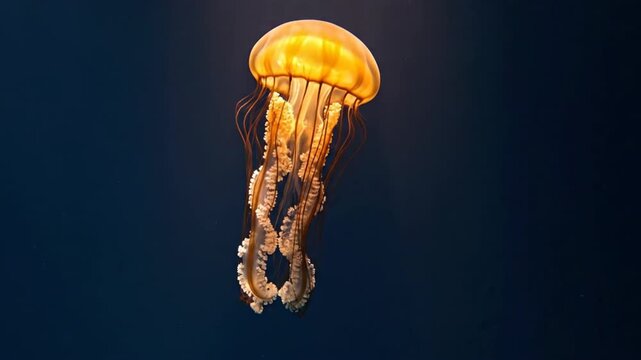 Amber sea nettle jellyfish pulsating beneath overhead light rays in deep navy blue water