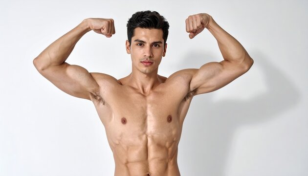 Handsome shirtless man showing muscular arms against white background