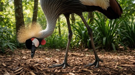 Fototapeta premium Grey crowned African crane with gold crest stands in rich forest. Tall endangered bird looks down at ground near wood chips. Majestic avian wildlife shows colorful feathers, red cheek patch in