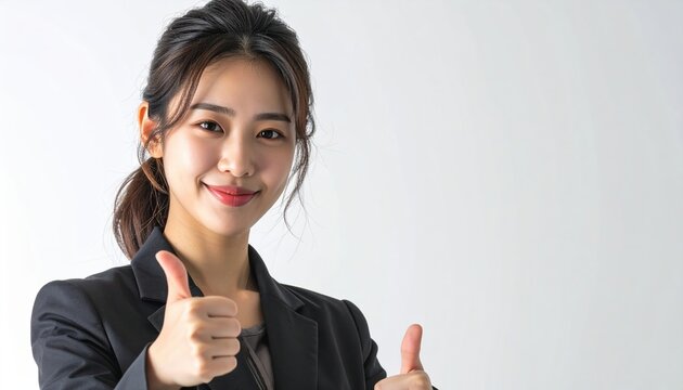 Businesswoman giving thumbs up during successful workday, white background