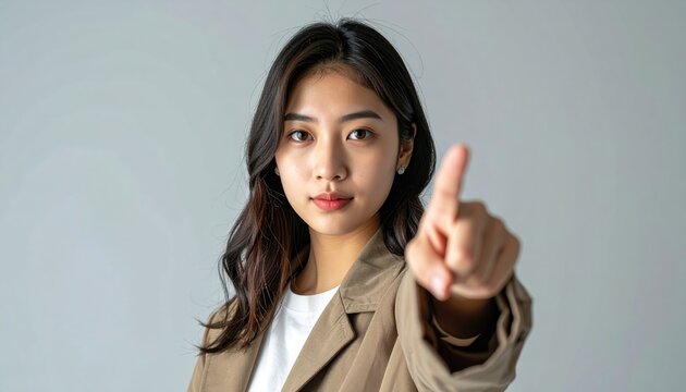 Young woman pointing directly toward camera, confident communication