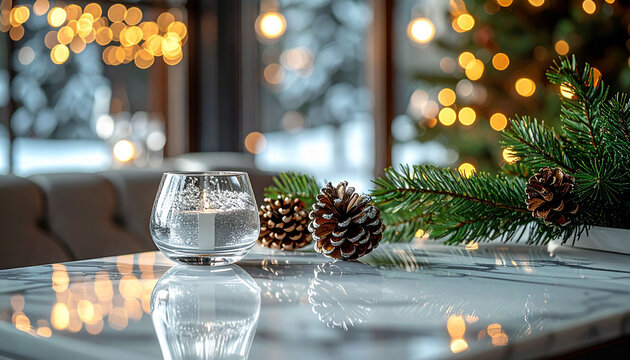 クリスマスディナーのメニュー表に最適なテーブルコーディネート素材　キャンドルの灯りと松ぼっくりやモミの木が飾られた大理石のテーブルの上のロマンチックな空間で、文字入れ用の余白を広く取った高級感のある横長背景　レストランやカフェの告知バナーや冬のパーティーの招待状、SNSの投稿画像、年末の季節イベントの販促用デザイン