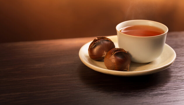 栗を添えたほうじ茶の秋の休息