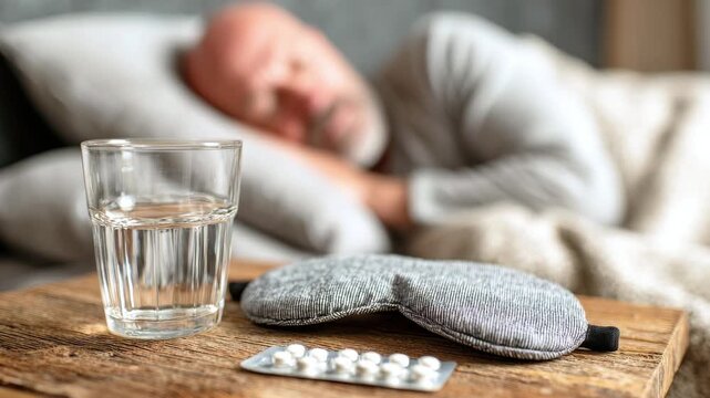 A glass of water, pills, and a sleep mask on a wooden table. A sleeping man against a blurred background. Concept of insomnia, sleeping pill and healthy sleep