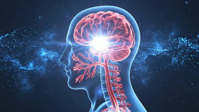 Human brain activity and nervous system medical animation: neural network impulse and synapse flash in profile