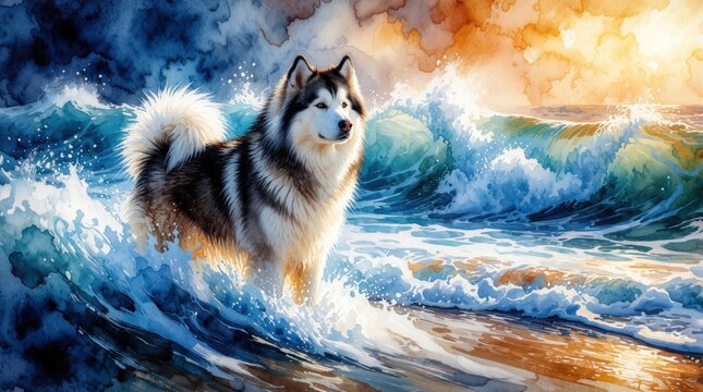 Vibrant watercolor painting of Alaskan Malamute dog standing in ocean waves. Colorful rainbow splashes mix with blue sea water, sunset light. Majestic husky pet enjoys beach walk near coast under