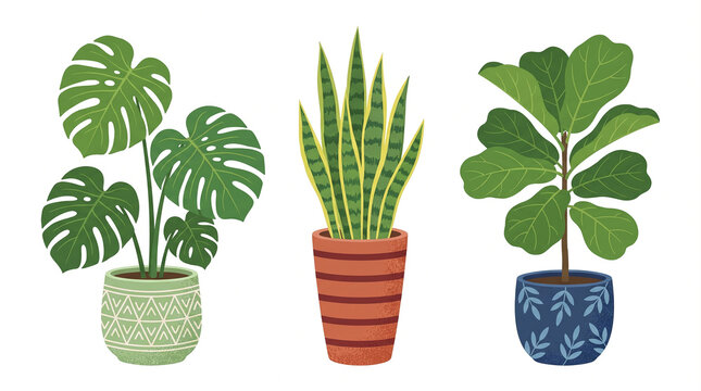 Potted house plants set featuring monstera, snake plant, and fiddle-leaf fig, flat textured illustration isolated on white background