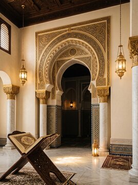 Interior view of a mosque featuring an intricate golden archway, marble columns, traditional hanging lamps, prayer rugs, and an open Quran on a wooden rehal stand.