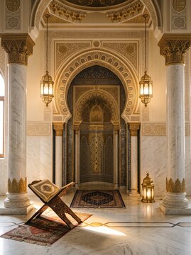 Interior view of a magnificent mosque featuring an ornate golden mihrab, marble columns, traditional hanging lamps, a prayer rug, and an open Quran on a wooden rehal stand.