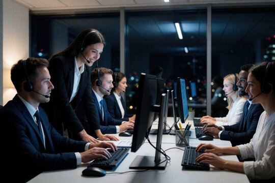 Diverse business team works late night in modern call center office. Customer service agents wear headsets, use computers for telemarketing tasks. Group of professional staff provides support,