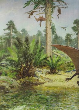 Pterodactylus elegans. Prehistoric landscape illustration featuring flying pterosaurs in a lush ancient forest setting. An artistic depiction of a Jurassic era environment with winged reptiles 