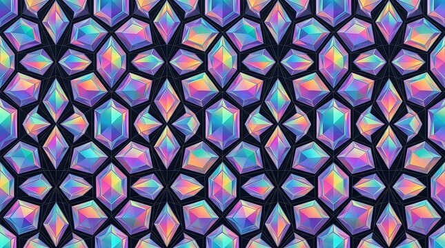 Dark abstract honeycomb pattern with colorful iridescent crystal facets, glowing edges, and geometric cells creating a futuristic decorative texture