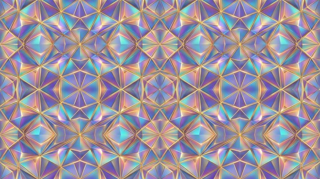 Pastel iridescent geometric crystal pattern in lavender, pink, blue, and gold tones with repeating diamond facets and luminous reflections