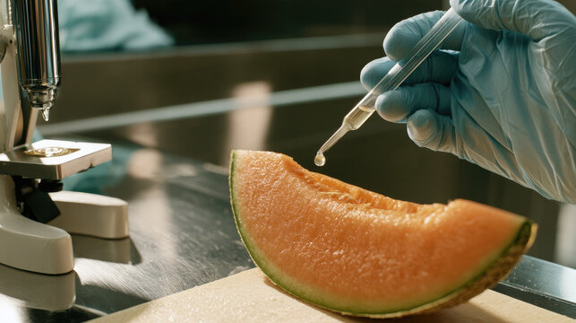 Sugar refractometer melon testing laboratory scene shows inspector using pipette to place clear juice on optical prism beside sliced cantaloupe wedge under natural daylight