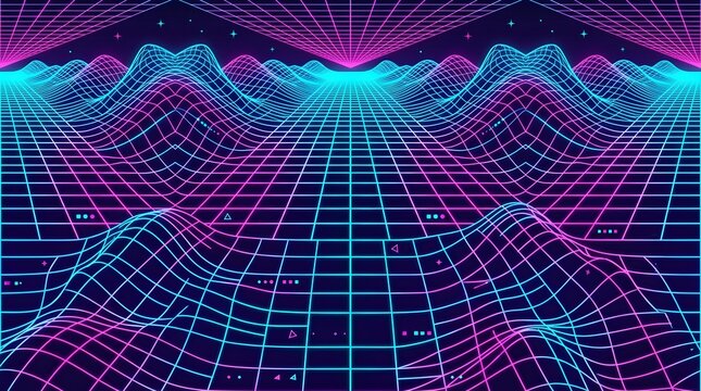 Futuristic neon wireframe landscape with glowing blue and purple grid waves creating a digital cyberpunk technology background